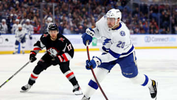 Mar 4, 2023; Buffalo, New York, USA; Tampa Bay Lightning left wing Nicholas Paul (20) takes a shot on goal during the first period against the Buffalo Sabres at KeyBank Center. Mandatory Credit: Timothy T. Ludwig-USA TODAY Sports