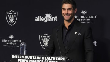 Quarterback Jimmy Garoppolo is introduced at the Las Vegas Raiders Headquarters/Intermountain Healthcare Performance Center on March 17, 2023 in Henderson, Nevada. (Photo by Ethan Miller/Getty Images)