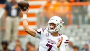 KNOXVILLE, TN - OCTOBER 12: Tommy Stevens #7 of the Mississippi State Bulldogs looks to pass during the first half against the Tennessee Volunteers at Neyland Stadium on October 12, 2019 in Knoxville, Tennessee. (Photo by Carmen Mandato/Getty Images)