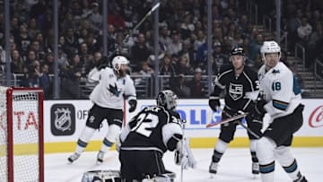 Apr 16, 2016; Los Angeles, CA, USA; Los Angeles Kings goalie Jonathan Quick (32) reacts after allowing a goal by San Jose Sharks center Joe Pavelski (not pictured) during the first period in game two of the first round of the 2016 Stanley Cup Playoffs at Staples Center. Mandatory Credit: Kelvin Kuo-USA TODAY Sports