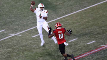LOUISVILLE, KENTUCKY - SEPTEMBER 19: D' Eriq King #1 of the Miami Hurricanes passes the ball against the Louisville Cardinals at Cardinal Stadium on September 19, 2020 in Louisville, Kentucky. (Photo by Andy Lyons/Getty Images)