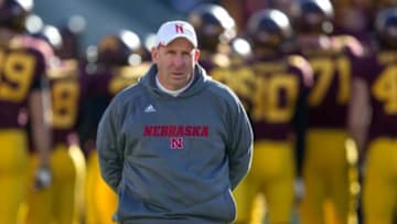 Oct 26, 2013; Minneapolis, MN, USA; Nebraska Cornhuskers Bo Pelini looks on during pre game before a game against the Minnesota Golden Gophers at TCF Bank Stadium. Mandatory Credit: Jesse Johnson-USA TODAY Sports