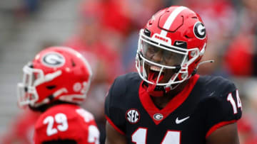 Georgia wide receiver Arik Gilbert celebrates after making a touchdown catch (oshua L Jones/Syndication Online Athens)