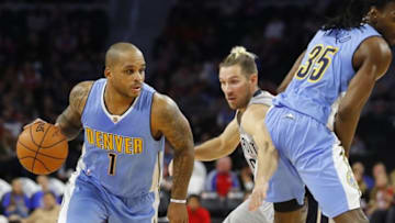 Nov 5, 2016; Auburn Hills, MI, USA; Denver Nuggets guard Jameer Nelson (1) drives the ball to the basket during the second quarter against the Detroit Pistons at The Palace of Auburn Hills. Mandatory Credit: Leon Halip-USA TODAY Sports