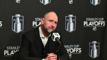 May 9, 2023; Seattle, Washington, USA; Dallas Stars head coach Pete DeBoer speaks to the media after the game against the Seattle Kraken in game four of the second round of the 2023 Stanley Cup Playoffs at Climate Pledge Arena. Mandatory Credit: Steven Bisig-USA TODAY Sports