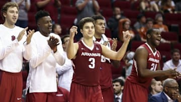 Dec 17, 2016; Houston, TX, USA; Arkansas Razorbacks guard Dusty Hannahs (3) celebrates with teammates after a play during the second half at Toyota Center. Mandatory Credit: Troy Taormina-USA TODAY Sports