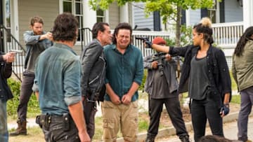 Andrew Lincoln as Rick Grimes, Jeffrey Dean Morgan as Negan, Josh McDermitt as Dr. Eugene Porter, Christian Serratos as Rosita Espinosa, Elizabeth Ludlow as Arat - The Walking Dead _ Season 7, Episode 8 - Photo Credit: Gene Page/AMC