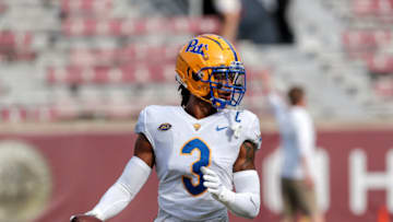 TALLAHASSEE, FL - NOVEMBER 7: Safety Damar Hamlin #3 of the Pittsburgh Panthers warms up before the game against the Florida State Seminoles at Doak Campbell Stadium on Bobby Bowden Field on November 7, 2020 in Tallahassee, Florida. The Panthers defeated the Seminoles 41 to 17. (Photo by Don Juan Moore/Getty Images)