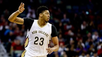 Feb 25, 2016; New Orleans, LA, USA; New Orleans Pelicans forward Anthony Davis (23) signals after hitting a three point basket against the Oklahoma City Thunder during the first quarter of a game at Smoothie King Center. Mandatory Credit: Derick E. Hingle-USA TODAY Sports