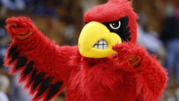 Mar 8, 2014; Uncasville, CT, USA; The Louisville Cardinals mascot on the court during a break on the action against the Houston Cougars during the second half in the quarterfinal round of the American League Athletic Conference Tournament at Mohegan Sun Arena. Louisville defeated Houston 88-43. Mandatory Credit: David Butler II-USA TODAY Sports