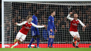 LONDON, ENGLAND - JANUARY 24: Nacho Monreal celebrates the own goal of Antonio Rudiger of Chelsea during the Carabao Cup Semi-Final Second Leg at Emirates Stadium on January 24, 2018 in London, England. (Photo by Julian Finney/Getty Images)