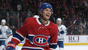 MONTREAL, QC - APRIL 6: Artturi Lehkonen #62 of the Montreal Canadiens celebrates a goal against the Toronto Maple Leafs in the NHL game at the Bell Centre on April 6, 2019 in Montreal, Quebec, Canada. (Photo by Francois Lacasse/NHLI via Getty Images)