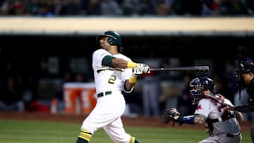 OAKLAND, CALIFORNIA - APRIL 03: Khris Davis #2 of the Oakland Athletics bats against the Boston Red Sox at Oakland-Alameda County Coliseum on April 03, 2019 in Oakland, California. (Photo by Ezra Shaw/Getty Images)
