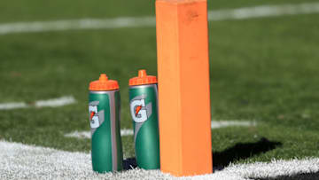 CHARLOTTE, NORTH CAROLINA - DECEMBER 15: Gatorade bottles on the touchdown marker line prior to the start of the game Carolina Panthers v Seattle Seahawks at Bank of America Stadium on December 15, 2019 in Charlotte, North Carolina. (Photo by Streeter Lecka/Getty Images)