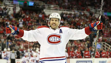 Nov 26, 2016; Detroit, MI, USA; Montreal Canadiens defenseman Shea Weber (6) celebrates an overtime goal scored by Alex Galchenyuk (not pictured) against the Detroit Red Wings at Joe Louis Arena. The Canadiens beat the Red Wings 2-1 in overtime. Mandatory Credit: Tom Szczerbowski-USA TODAY Sports
