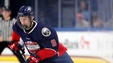 BUFFALO, NY - SEPTEMBER 21: Brady Tkachuk #9 of Team Leetch during the CCM/USA Hockey All-American Prospects Game against Team Chelios at the KeyBank Center on September 21, 2017 in Buffalo, New York. (Photo by Kevin Hoffman/Getty Images)