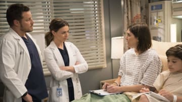 GREY'S ANATOMY - "Hold Back the River" - Amelia, Koracick and DeLuca perform a risky, groundbreaking procedure using ultrasound waves to remove a young patient's brain tumor. Meanwhile, Meredith and Jo work with different polymers to try to salvage their project submission; and Richard's AA sponsor is admitted to Grey Sloan with a DNR, on "Grey's Anatomy," THURSDAY, APRIL 5 (8:00-9:00 p.m. EDT), on The ABC Television Network. (ABC/Mitch Haaseth)JUSTIN CHAMBERS, CATERINA SCORSONE, CAITLIN MCGEE, STEELE GAGNON