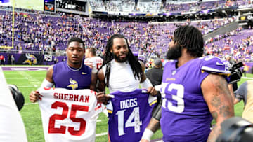 MINNEAPOLIS, MN - SEPTEMBER 09: Stefon Diggs #14 of the Minnesota Vikings and Richard Sherman #25 of the San Francisco 49ers pose for a photo after the game at U.S. Bank Stadium on September 9, 2018 in Minneapolis, Minnesota. The Vikings defeated the 49ers 24-16. (Photo by Hannah Foslien/Getty Images)