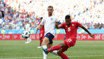NIZHNY NOVGOROD, RUSSIA - JUNE 24: Jordan Henderson of England tackles Eric Davis of Panama during the 2018 FIFA World Cup Russia group G match between England and Panama at Nizhny Novgorod Stadium on June 24, 2018 in Nizhny Novgorod, Russia. (Photo by Jan Kruger/Getty Images)