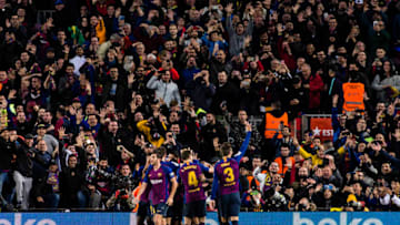03 Gerard Pique from Spain of FC Barcelona celebrating the five goals with his hand during the Spanish championship La Liga football match "El Classico" between FC Barcelona and Real Sociedad on October 28, 2018 at Camp Nou stadium in Barcelona, Spain. (Photo by Xavier Bonilla/NurPhoto via Getty Images)