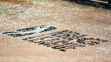 Denver Nuggets: The NBA G League logo is covered in confetti after the 2020 Final. (Mary Holt-USA TODAY Sports)