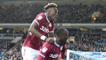 SHEFFIELD, ENGLAND - APRIL 06: Albert Adomah of Aston Villa celebrates scoring his sides second goal with Tammy Abraham during the Bet Championship match between Sheffield Wednesday and Aston Villa at Hillsborough Stadium on April 06, 2019 in Sheffield, England. (Photo by George Wood/Getty Images)