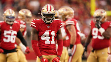 SANTA CLARA, CALIFORNIA - JANUARY 19: Emmanuel Moseley #41 of the San Francisco 49ers reacts to a play in the first half against the Green Bay Packers during the NFC Championship game at Levi's Stadium on January 19, 2020 in Santa Clara, California. (Photo by Thearon W. Henderson/Getty Images)