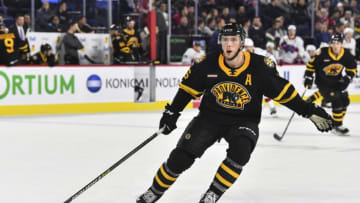 LAVAL, QC - OCTOBER 16: Brendan Gaunce #16 of the Providence Bruins skates against the Laval Rocket at Place Bell on October 16, 2019 in Laval, Canada. The Laval Rocket defeated the Providence Bruins 5-4 in a shoot-out. (Photo by Minas Panagiotakis/Getty Images)