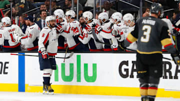 LAS VEGAS, NV - JUNE 07: Alex Ovechkin #8 of the Washington Capitals skates by the Captitals bench to celebrate his second period goal as Brayden McNabb #3 of the Vegas Golden Knights skates back to the bench during the second period of Game Five of the 2018 NHL Stanley Cup Final between the Washington Capitals and the Vegas Golden Knights at T-Mobile Arena on June 7, 2018 in Las Vegas, Nevada. (Photo by Patrick McDermott/NHLI via Getty Images)