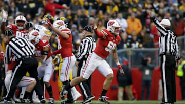 Badgers linebacker Zack Baun celebrates after a fourth-down stop against Iowa.Mjs Usat Wisconsin Vs Iowa 110919 676 Ttm