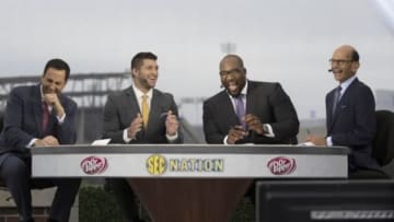 Oct 25, 2014; Lexington, KY, USA; Joe Tessitore and Tim Tebow and Marcus Spears and Paul Finebaum share a laugh during the SEC Nation pre game show before the game with the Mississippi State Bulldogs and the Kentucky Wildcats at Commonwealth Stadium. Mandatory Credit: Mark Zerof-USA TODAY Sports