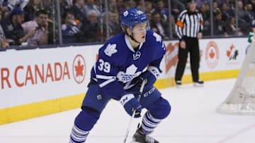 Apr 4, 2016; Toronto, Ontario, CAN; Toronto Maple Leafs forward William Nylander (39) looks to pass the puck against the Florida Panthers at the Air Canada Centre. Florida defeated Toronto 4-3. Mandatory Credit: John E. Sokolowski-USA TODAY Sports
