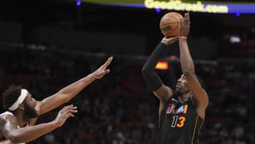 Bam Adebayo #13 of the Miami Heat attempts a jump shot during the second half against the New York Knicks(Photo by Eric Espada/Getty Images)