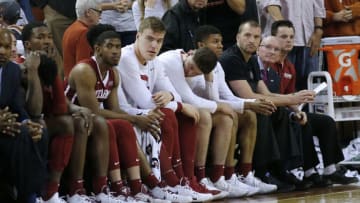 AUSTIN, TX - FEBRUARY 3: The Oklahoma Sooners watch as they loose to the Texas Longhorns at the Frank Erwin Center on February 3, 2018 in Austin, Texas. (Photo by Chris Covatta/Getty Images)