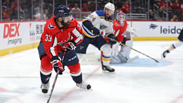 WASHINGTON, DC - SEPTEMBER 18: Radko Gudas #33 of the Washington Capitals skates past Evan Polei #64 of the St. Louis Blues during the first period of a preseason NHL game at Capital One Arena on September 18, 2019 in Washington, DC. (Photo by Patrick Smith/Getty Images)