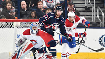 COLUMBUS, OH - MARCH 12: Brandon Dubinsky #17 of the Columbus Blue Jackets and Noah Juulsen #58 of the Montreal Canadiens battle for position in front of goaltender Charlie Lindgren #39 of the Montreal Canadiens on March 12, 2018 at Nationwide Arena in Columbus, Ohio. (Photo by Jamie Sabau/NHLI via Getty Images)