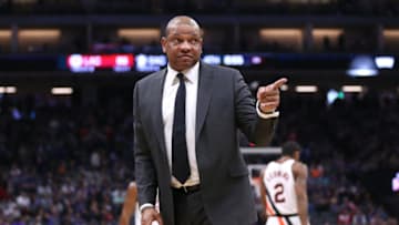 Dec 31, 2019; Sacramento, California, USA; Los Angeles Clippers head coach Doc Rivers points towards an official after a play against the Sacramento Kings in the fourth quarter at Golden 1 Center. Mandatory Credit: Cary Edmondson-USA TODAY Sports