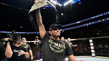 LAS VEGAS, NV - OCTOBER 07: Tony Ferguson celebrates after his submission victory over Kevin Lee in their interim UFC lightweight championship bout during the UFC 216 event inside T-Mobile Arena on October 7, 2017 in Las Vegas, Nevada. (Photo by Jeff Bottari/Zuffa LLC/Zuffa LLC via Getty Images)