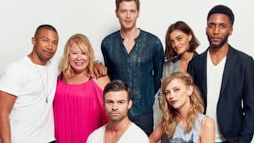 SAN DIEGO, CA - JULY 22: (Top L-R) Actor Charles Michael Davis, creator Julie Plec, actors Joseph Morgan, Phoebe Tonkin, and Yusuf Gatewood, and (bottom L-R) actors Daniel Gillies and Leah Pipes from CW's 'The Originals' pose for a portrait during Comic-Con 2017 at Hard Rock Hotel San Diego on July 22, 2017 in San Diego, California. (Photo by Robby Klein/Getty Images)