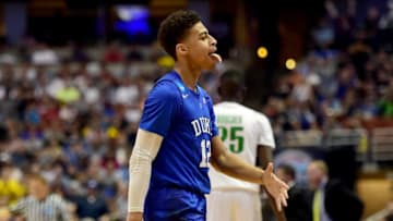 ANAHEIM, CA - MARCH 24: Derryck Thornton #12 of the Duke Blue Devils reacts in the first half while taking on the Oregon Ducks in the 2016 NCAA Men's Basketball Tournament West Regional at the Honda Center on March 24, 2016 in Anaheim, California. (Photo by Harry How/Getty Images)