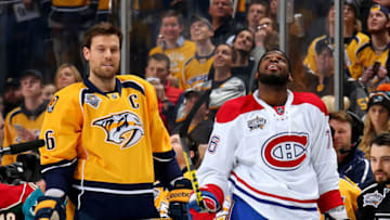NASHVILLE, TN - JANUARY 30: Shea Weber #6 of the Nashville Predators and P.K. Subban #76 of the Montreal Canadiens look on in the AMP Energy NHL Hardest Shot during the 2016 Honda NHL All-Star Skill Competition at Bridgestone Arena on January 30, 2016 in Nashville, Tennessee. (Photo by Bruce Bennett/Getty Images)
