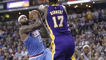 Oct 30, 2015; Sacramento, CA, USA; Sacramento Kings center DeMarcus Cousins (15) shoots the ball past Los Angeles Lakers center Roy Hibbert (17) in the third quarter at Sleep Train Arena. The Kings won 132-114. Mandatory Credit: Cary Edmondson-USA TODAY Sports