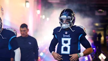 NASHVILLE, TN - DECEMBER 2: Marcus Mariota #8 of the Tennessee Titans takes the field before playing the New York Jets at Nissan Stadium on December 2, 2018 in Nashville, Tennessee. (Photo by Wesley Hitt/Getty Images)