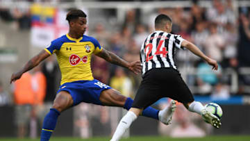 NEWCASTLE UPON TYNE, ENGLAND - APRIL 20: Newcastle striker Miguel Almiron (r) is challenged by Mario Lemina of Southampton during the Premier League match between Newcastle United and Southampton FC at St. James Park on April 20, 2019 in Newcastle upon Tyne, United Kingdom. (Photo by Stu Forster/Getty Images)