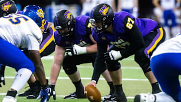 Northern Iowa center Erik Sorensen (67) gets ready to snap the ball during a NCAA college Missouri Valley Football Conference game against South Dakota State, Friday, Feb. 19, 2021, at the UNI-Dome in Cedar Falls, Iowa.210219 Sdsu Uni Fb 042 Jpg