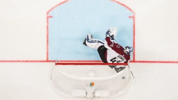 STOCKHOLM, SWEDEN - NOVEMBER 11: Jonathan Bernier #45, goaltender of Colorado Avalanche lets the puck in to the net to make it 1-0 on a shot from Mike Hoffman #68 of Ottawa Senators during the 2017 SAP NHL Global Series match between Colorado Avalanche and Ottawa Senators at Ericsson Globe on November 11, 2017 in Stockholm, Sweden. (Photo by Nils Petter Nilsson/Ombrello/Getty Images)