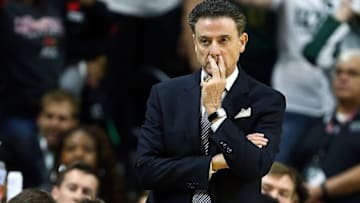 Dec 2, 2015; East Lansing, MI, USA; Louisville Cardinals head coach Rick Pitino reacts to a play during the 1st half of a game against the Michigan State Spartans at Jack Breslin Student Events Center. Mandatory Credit: Mike Carter-USA TODAY Sports