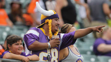 CINCINNATI, OH - AUGUST 12: Fans of the Minnesota Vikings watch their team warm up before the game against the Cincinnati Bengals at Paul Brown Stadium on August 12, 2016 in Cincinnati, Ohio. (Photo by John Grieshop/Getty Images)