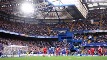 LONDON, ENGLAND - SEPTEMBER 22: General view inside the stadium as Trent Alexander-Arnold of Liverpool scores his team's first goal during the Premier League match between Chelsea FC and Liverpool FC at Stamford Bridge on September 22, 2019 in London, United Kingdom. (Photo by Laurence Griffiths/Getty Images)