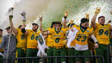 Jan 8, 2022; Frisco, TX, USA; The North Dakota State Bison celebrate the win over the Montana State Bobcats in the FCS Championship at Toyota Stadium. Mandatory Credit: Jerome Miron-USA TODAY Sports